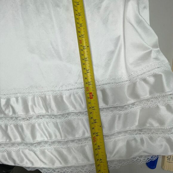Vintage Adonna Full Slip Womens 36 White Silky Satin Lace V-neck - Picture 9 of 14